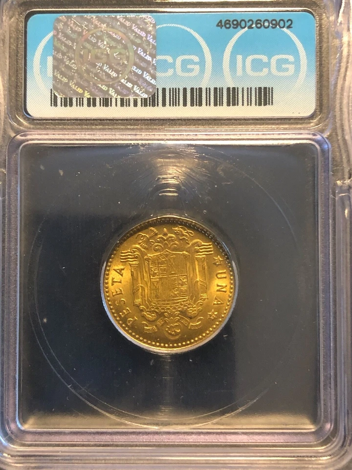 Spain 1 Peseta 1947 (54) MS66 ICG Aluminum-Bronze Coin KM #775 Planchet Flaw - Image 2 of 4