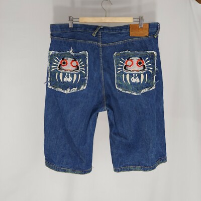 RMC Red Monkey Men Jean Shorts 38 Vintage Y2K Blue Denim Button Fly Embroidered