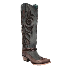 Corral Ladies Denim Bristle Embroidery & Studs Tall Western Boots C4167