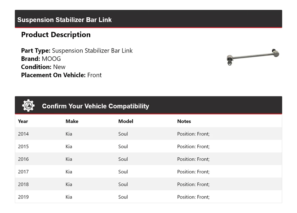 Barra estabilizadora de suspensión delantera MOOG 2014 2015 2016 para Kia Soul 2014-2019 Foto 2 de 4