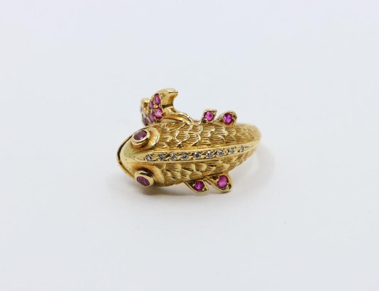 14K Gold Ruby Diamond Fish Ring - image 3