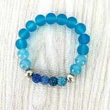 Blue Aquamarine Beads Bracelet Sea Glass Silver Tone Rhinestones Handmade