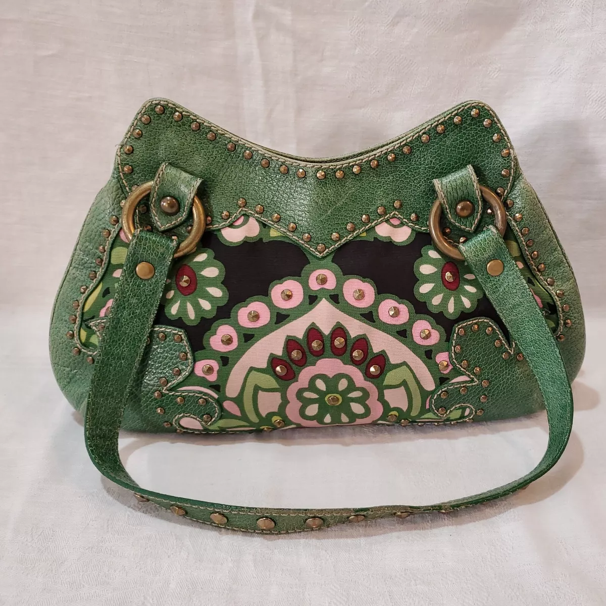 Isabella Fiore Handbag Green Leather Studded Shoulder Bag Purse