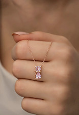 Cat Model Pendant 925k Silver Pink Stone Cat Necklace Birthday Gifts for Girl 
