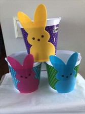 Set of 3 Marshmallow PEEPS Bunny Easter Plastic Pails - Blue Pink Yellow - NEW 
