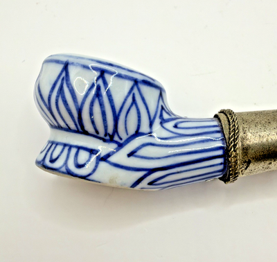 Antique Japanese Porcelain & Brass Kiseru Smoking Pipe Blue
