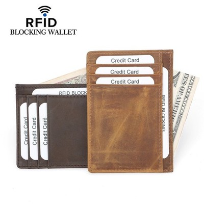 Men Crazy Horse Leather RFID Card Bag Retro Genuine Leather Card Coin Organizer