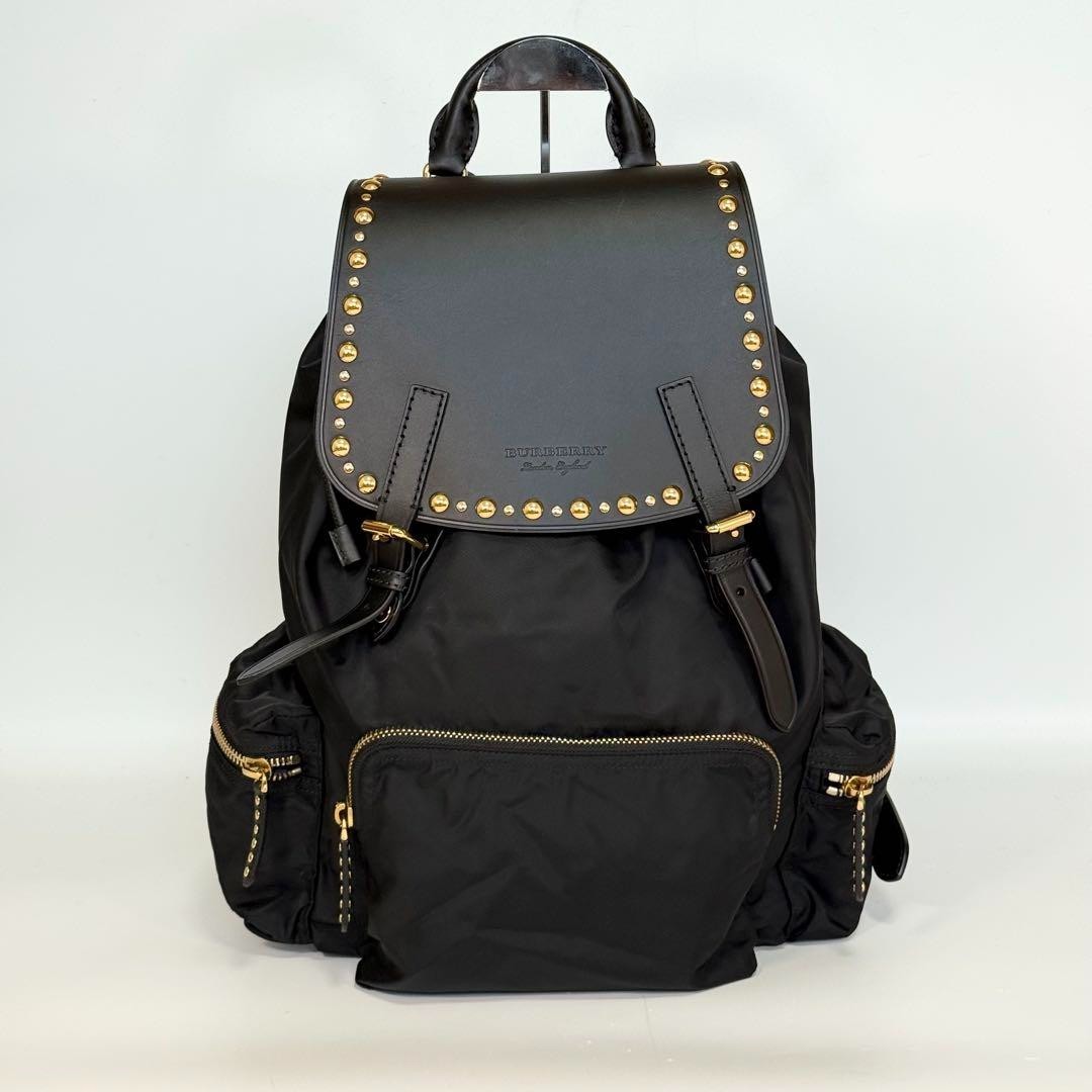 Burberry Black Nylon Leather Studded Backpack Rucksack Gold Trim