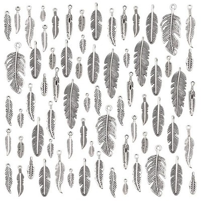 84pcs 14 Styles Feather Charms Pendants, Antique Silver Feathers Pendants Tib...