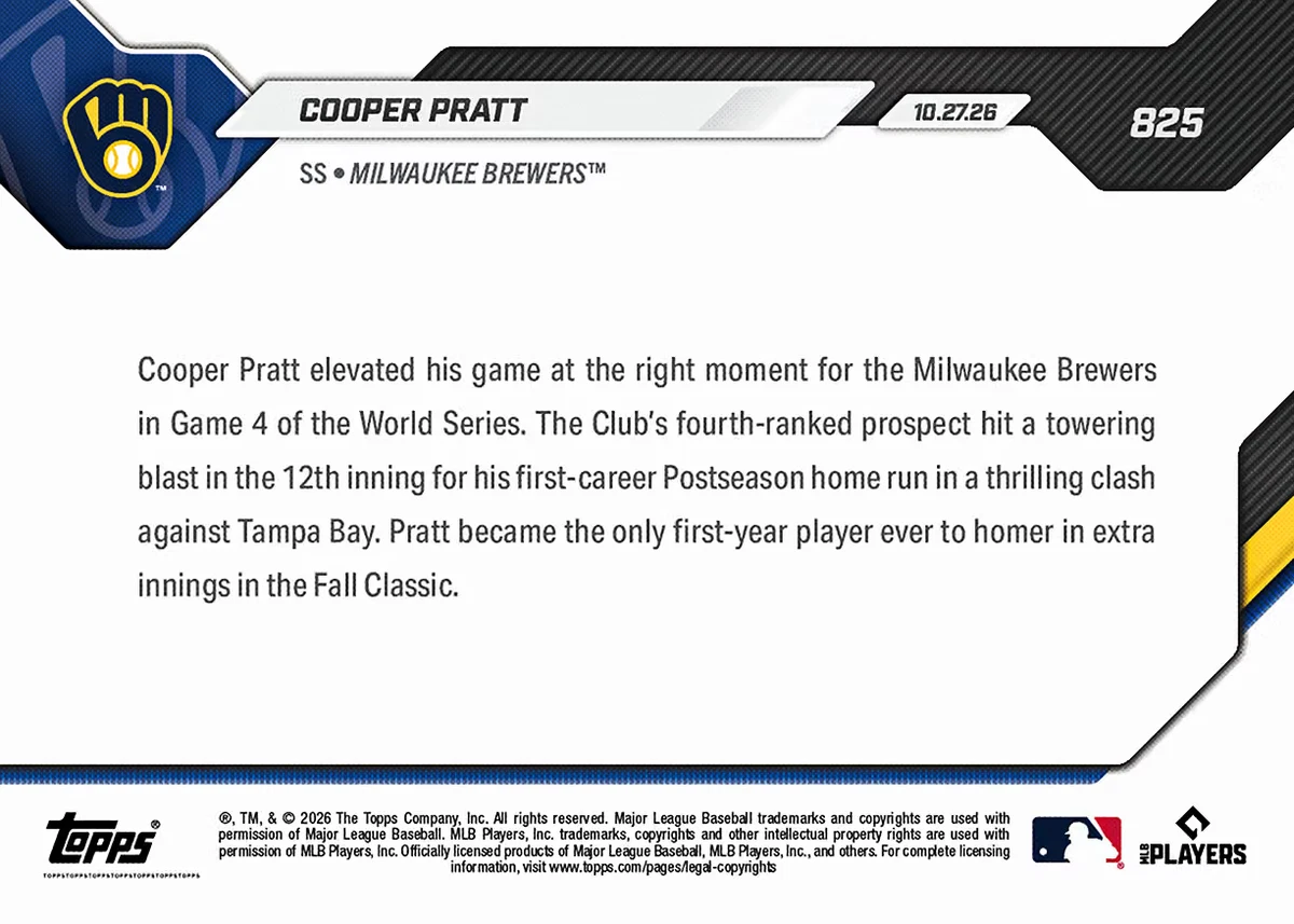 Cooper Pratt - 2026 MLB Topps NOW® - Tarjeta 825 1ª Postemporada HR Preventa