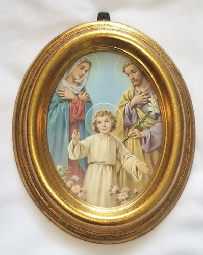 Vintage Holy Family Oval Print In Gold Tone Frame From Italy