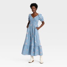 Women's Western Puff Short Sleeve Smocked Midi A-Line Dress - Universal Thread