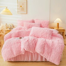 Fluffy Faux Fur Comforter Cover Set - Plush Pink Bedding 4Pcs 1 Duvet Cover ...