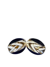 Vintage Clip On Earrings Goldtone White Black Enamel 1 inch