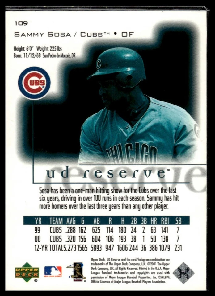 2001 UD Reserve #109 Sammy Sosa - Image 2 of 2