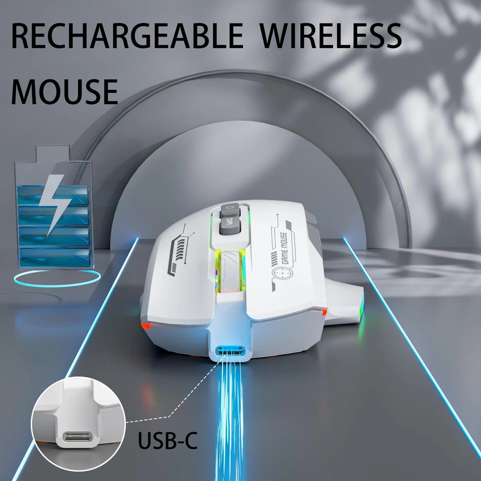 White Wireless Gaming Mouse Ergonomic 5 DPI 7200 RGB Lights Laptop PC Computer - Image 3 of 4