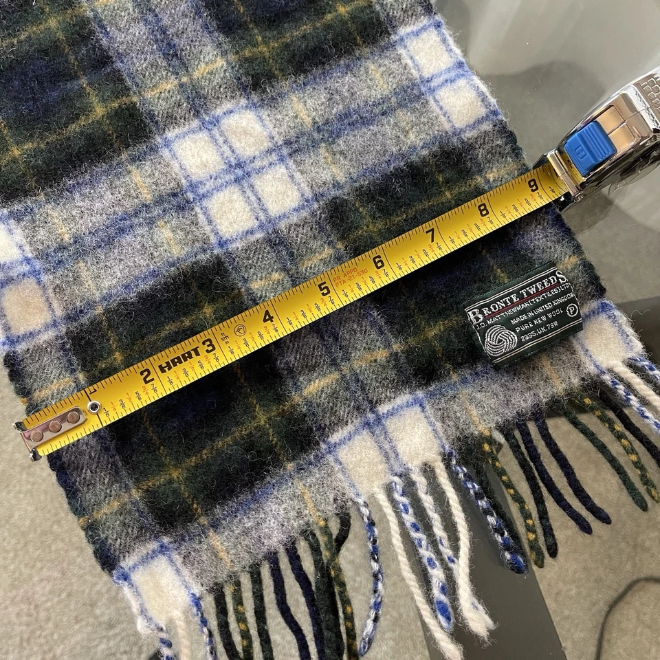 Bronte Tweeds 100% Pura Nueva Lana Merino Verde Azul Bufanda a Cuadros Extremos con Flecos Foto 4 de 4