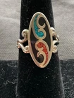 vintage sterling silver turquoise & coral inlaid ring size 8 southwestern