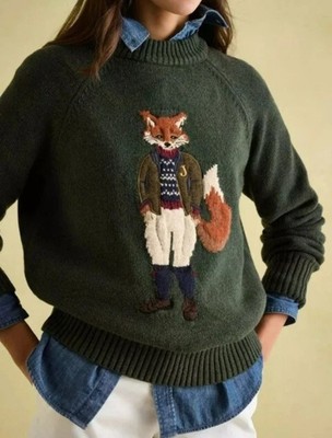 Joules Strickpullover Jonty dunkelgrün Intarsienfuchs UK 24 - nagelneu!