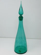 Vintage MCM Blenko Glass 920M Decanter In Sea Green Crackle 16.5” W/Stopper