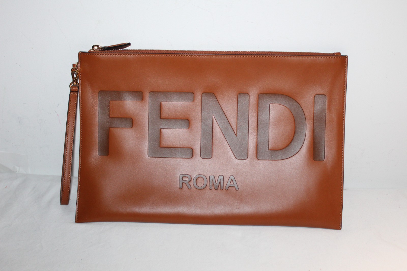 Fendi Flat Wristlet Large Envelope Zip Top Vitello King Logo Embossed Bag