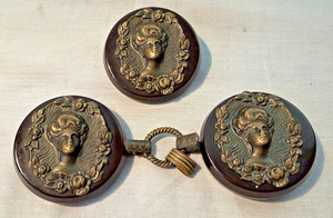 3 Large Figural Art Nouveau Bakelite Cape Clasp & Botton 1  1/2" Gibson Girl