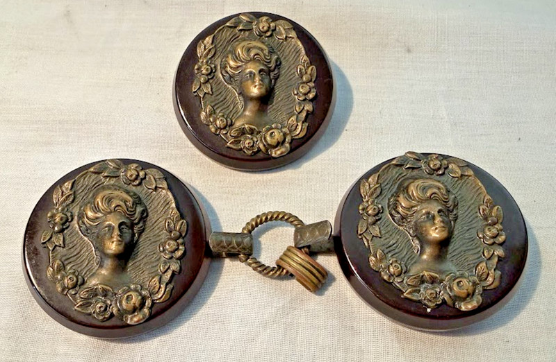 3 Large Figural Art Nouveau Bakelite Cape Clasp & Botton 1  1/2" Gibson Girl