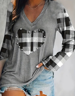 Size XXL US Size 14 Long Sleeve V-Neck Plaid Heart Grey  Top New Free Ship