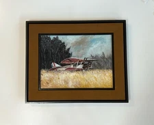Vintage Biplane Oil Painting 1972 Aviation Landscape Airplane By Lorna