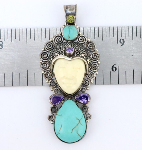 Vintage 925 Sterling Silver Asia Hindu Bali Goddess Gemstone Face Pendant Sajen?