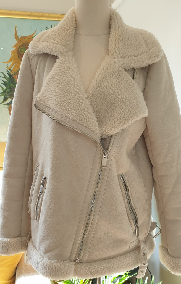DOTTI Jacket Size 10 Faux Sheepskin White Long Sleeve Bomber Jacket Full Zip
