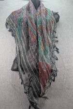 Sheer Square Scarf 40x40 Gray With Colorful Design Silver Stripes See Through