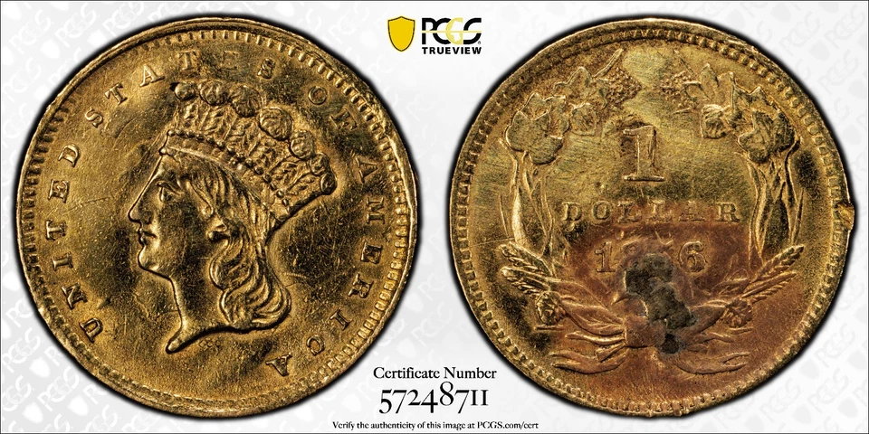 1856 $1 Oro Libertad Inclinado 5 Variedades PCGS Genuino AU Detalle T3 Princesa India Foto 2 de 4