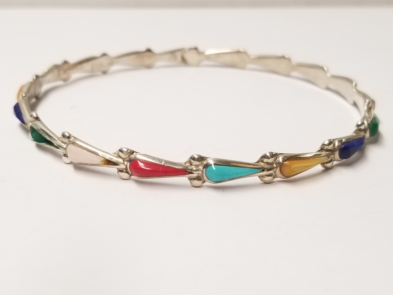 Signed Sterling Silver Multicolor Opal Bangle Bra… - image 1