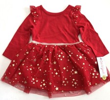 Cat  Jack Girls Long Sleeve Christmas Dress Tutu Red Gold Stars Size 12M - 4T