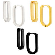 Pair - Stainless Steel Plain U-Shaped Oval Huggies Earrings