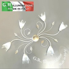 PLAFONIERA IN FERRO BATTUTO 6 LUCI AVORIO ARGENTO E ORO LAMPADARIO MURANO Zoe M.