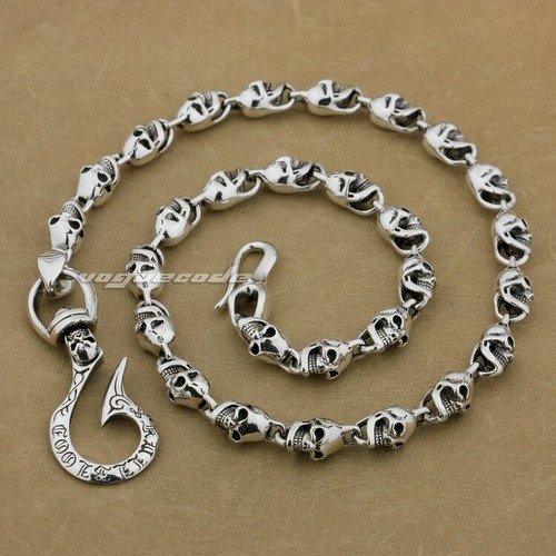 925 Sterling Silver Skulls Hook KeyChain Mens Biker Punk Wallet Chain 8W004WCA - Picture 12 of 22