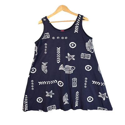 Vintage Cotton Dress L Sleeveless Tank Navy Blue Swing Fish Beachy Artsy  Boho | eBay