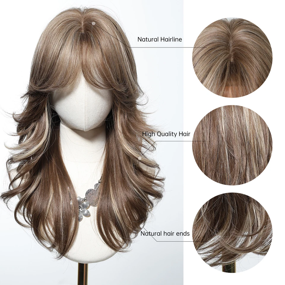 Brown With Blonde Highlights Synthetic Wigs With Bangs Wavy Layered Hair Wigs - Image 3 of 4