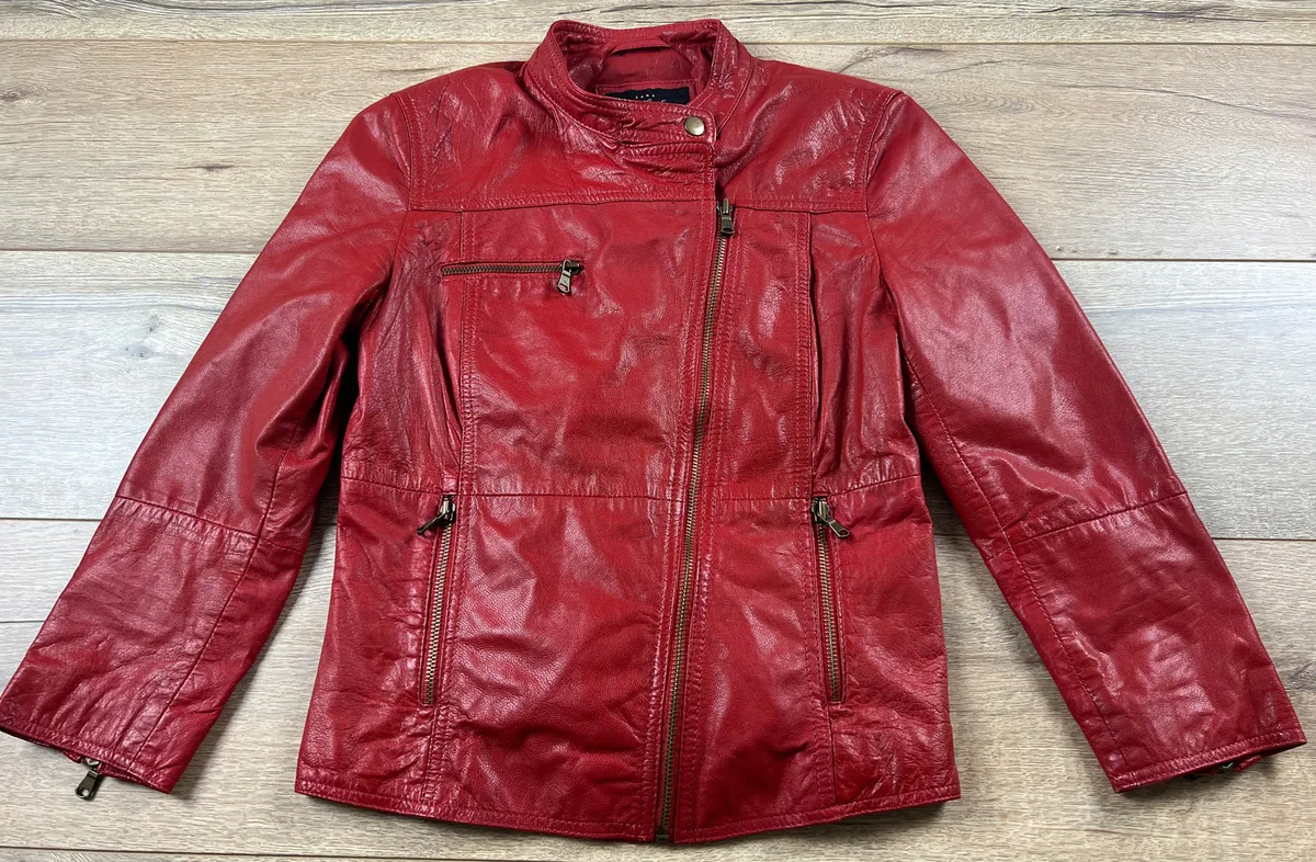 Zara Trf Leather Garments Red MOTO Leather Jacket Women's Size