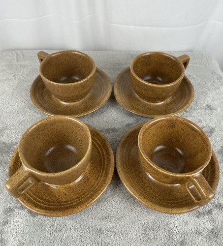 Monmouth Pottery Maple Leaf Mojave Brown Speckled 4 Cups 4 Saucers - Picture 4 of 10