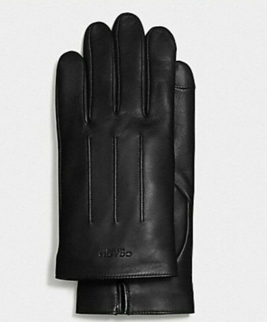 Coach Mens Tech Gloves Black Leather Wool Lined Size L Large F54182 for