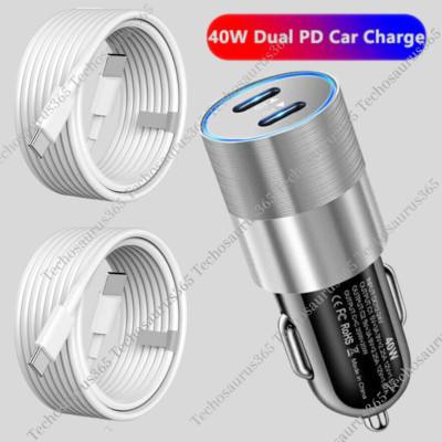 Dual Type C PD Fast 40W Car Charger Adapter Cable For iPhone 14 13 12 11 XR XS 8