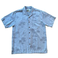 AFTCO Bluewater Shirt Mens Sz L Blue Hawaiian Button Up Palm Tree Pocket Rayon