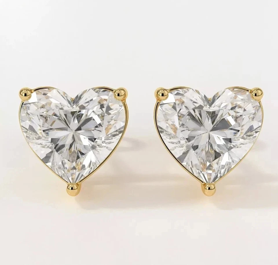 2 克拉心形切割实验室钻石女式耳钉 14K 镀黄金 — 第 2/4 张图片
