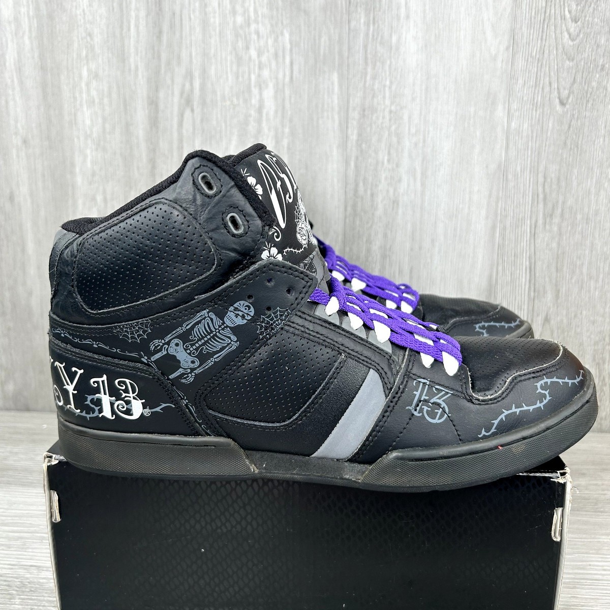 Osiris NYC 83 Lucky 13 Black White Sz 13 Skull Skater Y2K