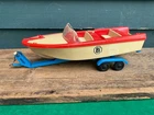VINTAGE 1960'S TONKA RED/WHITE CLIPPER BOAT WITH BLUE 2 AXLE TRAILER