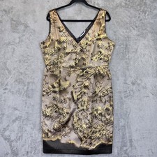Tahari Dress Womens 16 Gold Black Metallic Jacquard V Neck Sleeveless Sheath