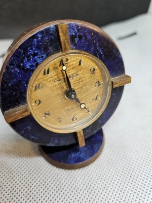 Vtg 1960 s Swiza Sheffield (Swiss) Lapis Lazuli & Brass Case Alarm Clock 8 day